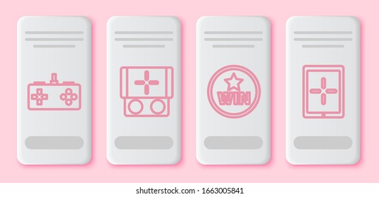 Set line Gamepad, Portable video game console, Medal and Tablet. White rectangle button. Vector