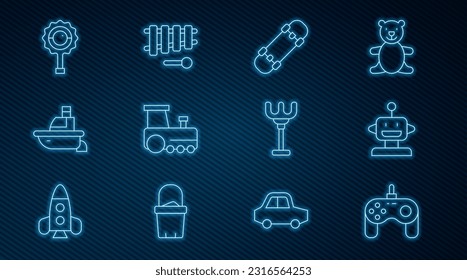 Set line Gamepad, Robot toy, Skateboard, Toy train, boat, Rattle baby, Rake and Xylophone icon. Vector