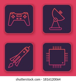 Set line Gamepad, Rocket ship with fire, Radar and Processor with microcircuits CPU. Blue square button. Vector