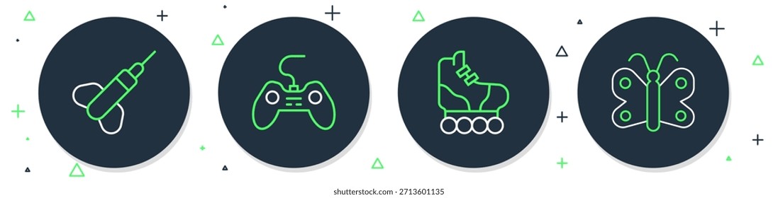 Set line Gamepad, Roller skate, Dart arrow and Butterfly icon. Vector
