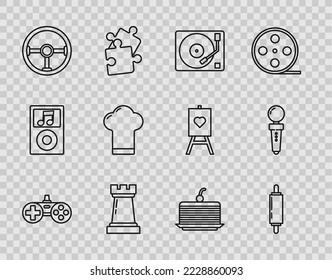 Set line Gamepad, Rolling pin, Vinyl player with vinyl disk, Chess symbol, Steering wheel, Chef hat, Cake and Joystick for arcade machine icon. Vector