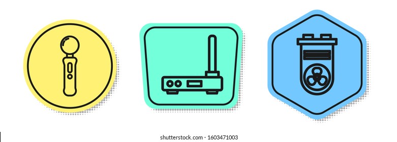 Set line Gamepad, Router and wi-fi signal and Video graphic card. Colored shapes. Vector