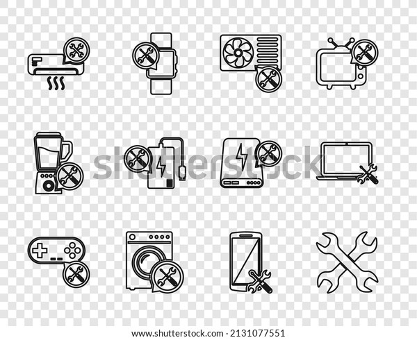 Set line\
Gamepad service, Crossed wrenchs, Air conditioner, Washer, Power\
bank, Smartphone and Laptop icon.\
Vector