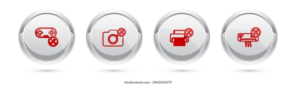 Set line Gamepad service, Photo camera, Printer and Air conditioner. Silver circle button. Vector