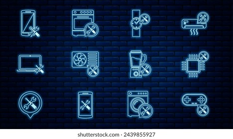 Set line Gamepad service, Processor, Wrist watch, Air conditioner, Laptop, Smartphone, Blender and Oven icon. Vector