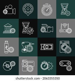 Set line Gamepad setting, Washer, Router and wi-fi, Time management, Hourglass, Bank building, Video camera and  icon. Vector
