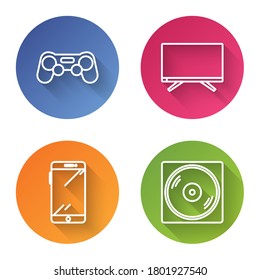Set line Gamepad, Smart Tv, Smartphone, mobile phone and Vinyl disk. Color circle button. Vector