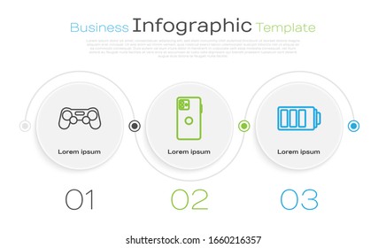 Set line Gamepad, Smartphone, mobile phone and Battery charge level indicator. Business infographic template. Vector