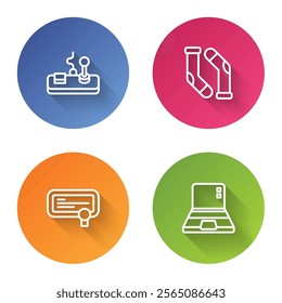 Set line Gamepad, Socks, Certificate template and Laptop. Color circle button. Vector