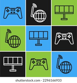 Set line Gamepad, Solar energy panel and Social network icon. Vector