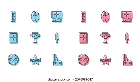 Fijar línea Gamepad, Star, altavoz estéreo, consola con joystick, copa de premio, Espada para juego, Tablet e icono de juego del ratón de ordenador. Vector