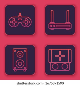 Set line Gamepad, Stereo speaker, Router and wi-fi signal and Portable video game console. Blue square button. Vector