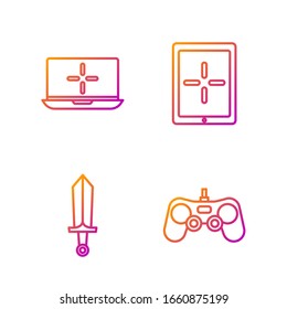 Establecer la línea Gamepad, Espada para juegos, Laptop y Tablet. Iconos de color degradado. Vector