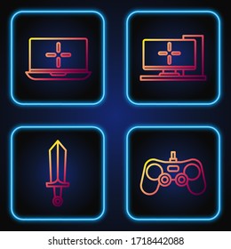 Set line Gamepad, Sword for game, Laptop and Computer monitor. Gradient color icons. Vector
