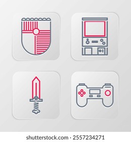 Set line Gamepad, Sword for game, Retro arcade machine and Shield icon. Vector