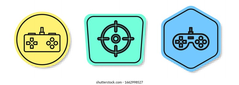 Fije la línea Gamepad, Target sport y Gamepad. Formas coloreadas. Vector