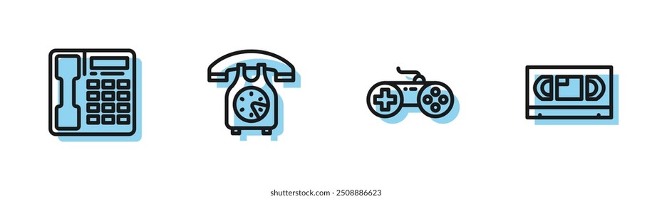 Set line Gamepad, Telephone handset,  and VHS video cassette tape icon. Vector