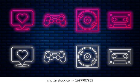 Set line Gamepad, Vinyl disk, Like and heart and Retro audio cassette tape. Glowing neon icon on brick wall. Vector