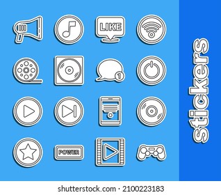 Set line Gamepad, Vinyl disk, Power button, Like speech bubble, Film reel, Megaphone and Speech chat icon. Vector
