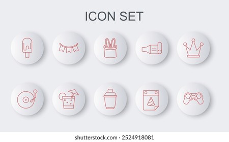 Set line Gamepad, Vinyl player with disk, Magician hat and rabbit ears, Calendar party, Ice cream, Carnival garland flags, Cocktail and shaker icon. Vector