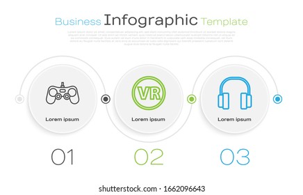 Establecer Gamepad de línea, gafas de realidad virtual y audífonos. Plantilla de infografía empresarial. Vector