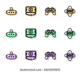 Set line Gamepad, gafas de realidad virtual, modelado 3D e icono de vista de 360 grados. Vector