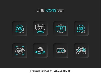Definir linha Gamepad, óculos de realidade virtual, modelagem 3d, visualização de 360 graus, AR aumentado, imagem de ângulo largo e ícone. Vetor