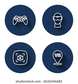 Set line Gamepad, Virtual reality glasses, 3d modeling and  with long shadow. Blue circle button. Vector