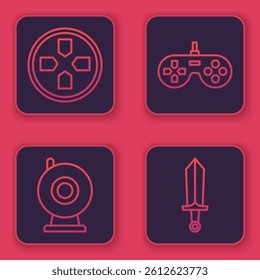 Set line Gamepad, Web camera, Gamepad and Sword for game. Blue square button. Vector