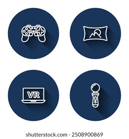 Set line Gamepad, Wide angle picture, Virtual reality and VR controller game with long shadow. Blue circle button. Vector
