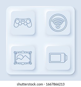 Set line Gamepad, Wi-Fi wireless internet network, Picture landscape and Battery charge level indicator. White square button. Vector