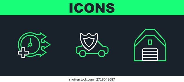 Establecer línea Garaje, reloj y coche con icono de escudo. Vector