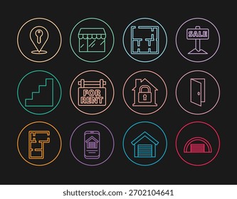 Garaje, puerta cerrada, Plan de la casa, cartel colgante con para el alquiler, escalera, llave de la Locación, bajo protección e ícono de la tienda del mercado. Vector