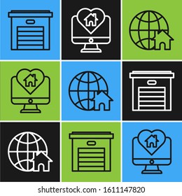 Set line Garage, Globe with house symbol and Monitor with house in heart shape icon. Vector