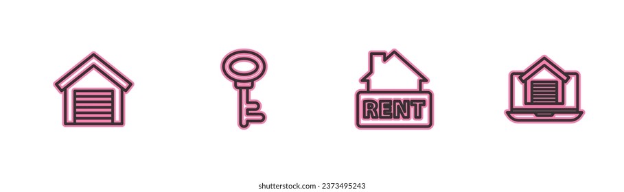 Set line Garage, Hanging sign with Rent, House key and Online real estate house icon. Vector