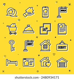 Set line Garage, Hanging sign with Rent, House contract, Online real estate house, Hotel service bell, Shopping cart, Real message and plan icon. Vector