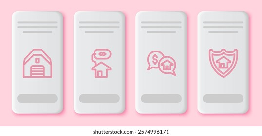 Set line Garage, House with dollar, Price negotiation and shield. White rectangle button. Vector