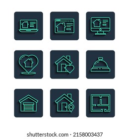Set line Garage, Location with house, House plan, Online real estate, heart shape,  and Hotel service bell icon. Vector
