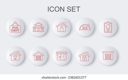 Set line Garage, Location with house, House, under protection, Hanging sign For Rent,  and Market store icon. Vector