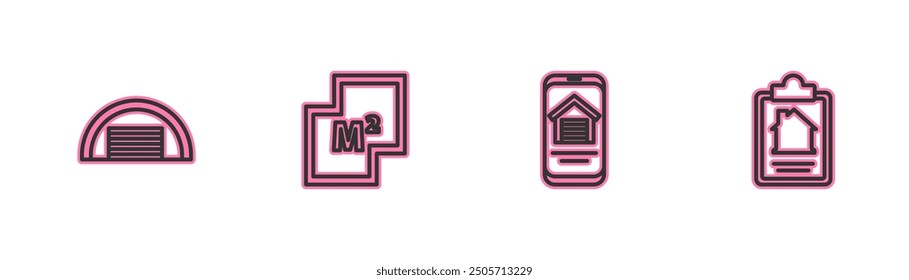 Set line Garage, Online real estate house, House plan and contract icon. Vector