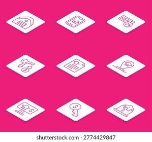 Set line Garage, Online real estate, Rent, key, House contract, Location house,  and  icon. Vector