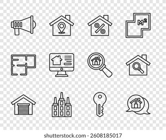 Set line Garage, Real estate message house, House with percant discount, Skyscraper, Megaphone, Online real, key and Search icon. Vector