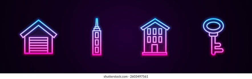 Set line Garage, Skyscraper, House and key. Glowing neon icon. Vector