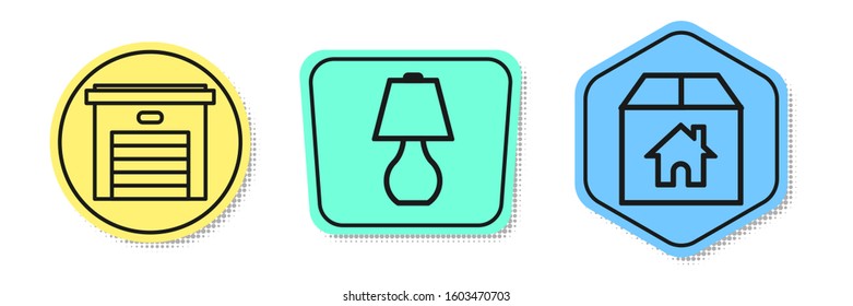 Set line Garage, Table lamp and Cardboard box with house. Colored shapes. Vector