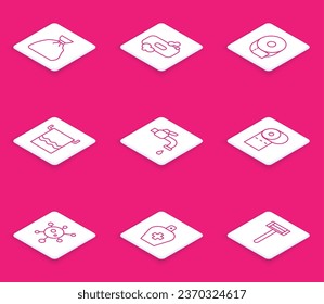 Set line Garbage bag, Bar of soap, Toilet paper roll, Towel on hanger, Water tap, Virus and Bottle liquid antibacterial icon. Vector