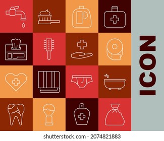 Línea Bolsa de basura, Bañera, Rollo de papel higiénico, Botellas para agente de limpieza, Pincel de pelo, Paquete de limpiado húmedo, Grifo de agua e Icono médico del hospital de cruces. Vector