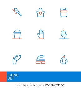 Set line Garbage bag, Brush for cleaning, Portable vacuum cleaner, Toilet bowl, Bucket, Rubber gloves, Trash can and Kitchen apron icon. Vector