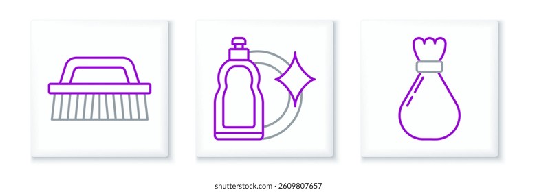 Set line Garbage bag, Brush for cleaning and Plastic bottles liquid dishwashing liquid icon. Vector
