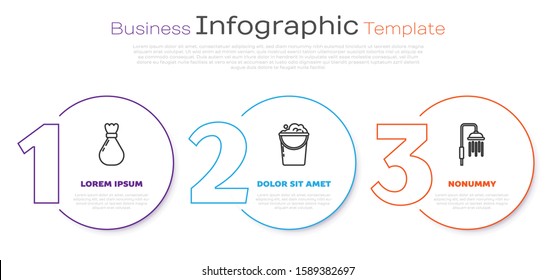 Set line Garbage bag , Bucket with foam and bubbles  and Shower head with water drops flowing . Business infographic template. Vector