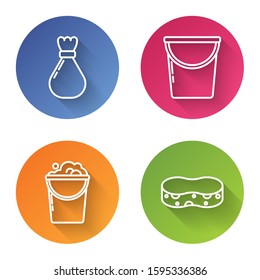 Set line Garbage bag , Bucket , Bucket with foam and bubbles  and Sponge . Color circle button. Vector